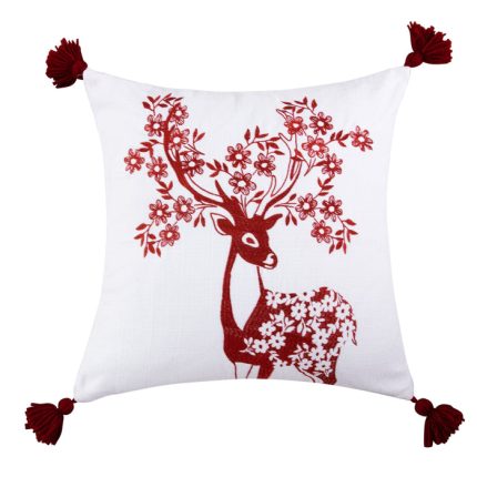 Sleigh Bells Red Deer Embroidered Pillow 18x18"